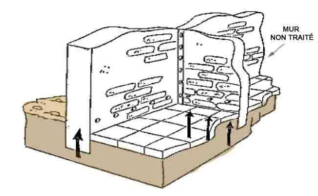 Assèchement des murs traités en contact avec un mur non traité