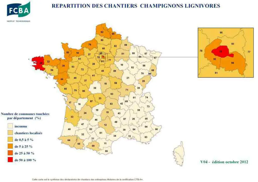 Mérule: répartion chantiers mérule - Prolifération Mérule